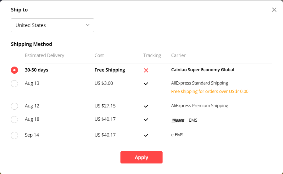 AliExpress shipping methods